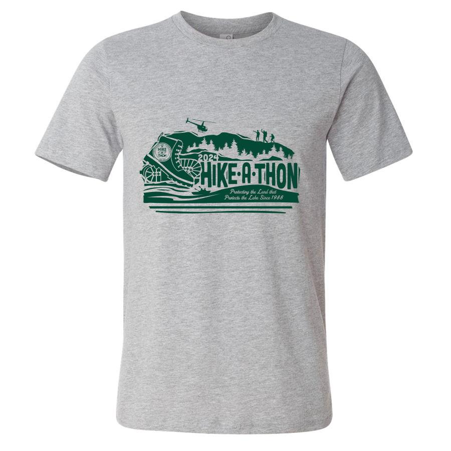 Heathered gray short-sleeved t-shirt with a green Hike-A-Thon design on the chest.